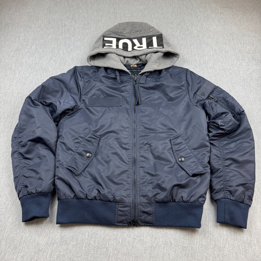 True Religion Bomber Jacket Mens Small Blue Quilted Full Zip Hooded Pockets Coat